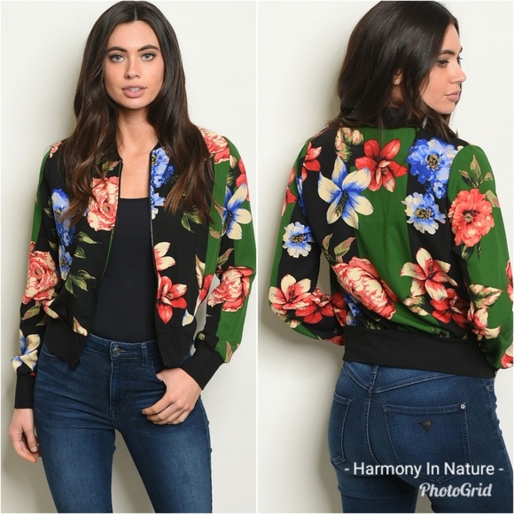 Lightweight Green and Black Block Floral Jacket - Picture 4 of 5